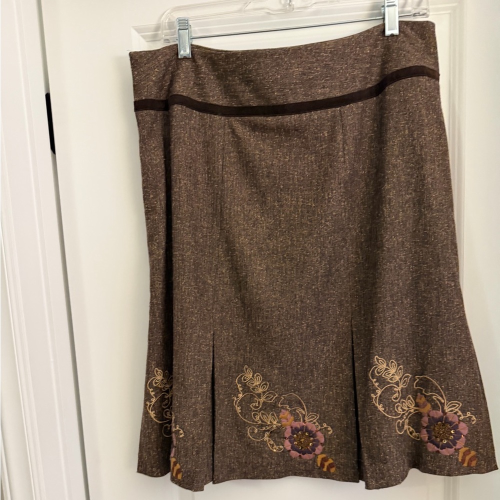 Madison Studio Brown A-Line Skirt with Floral Embroidery- sequin / bead accent